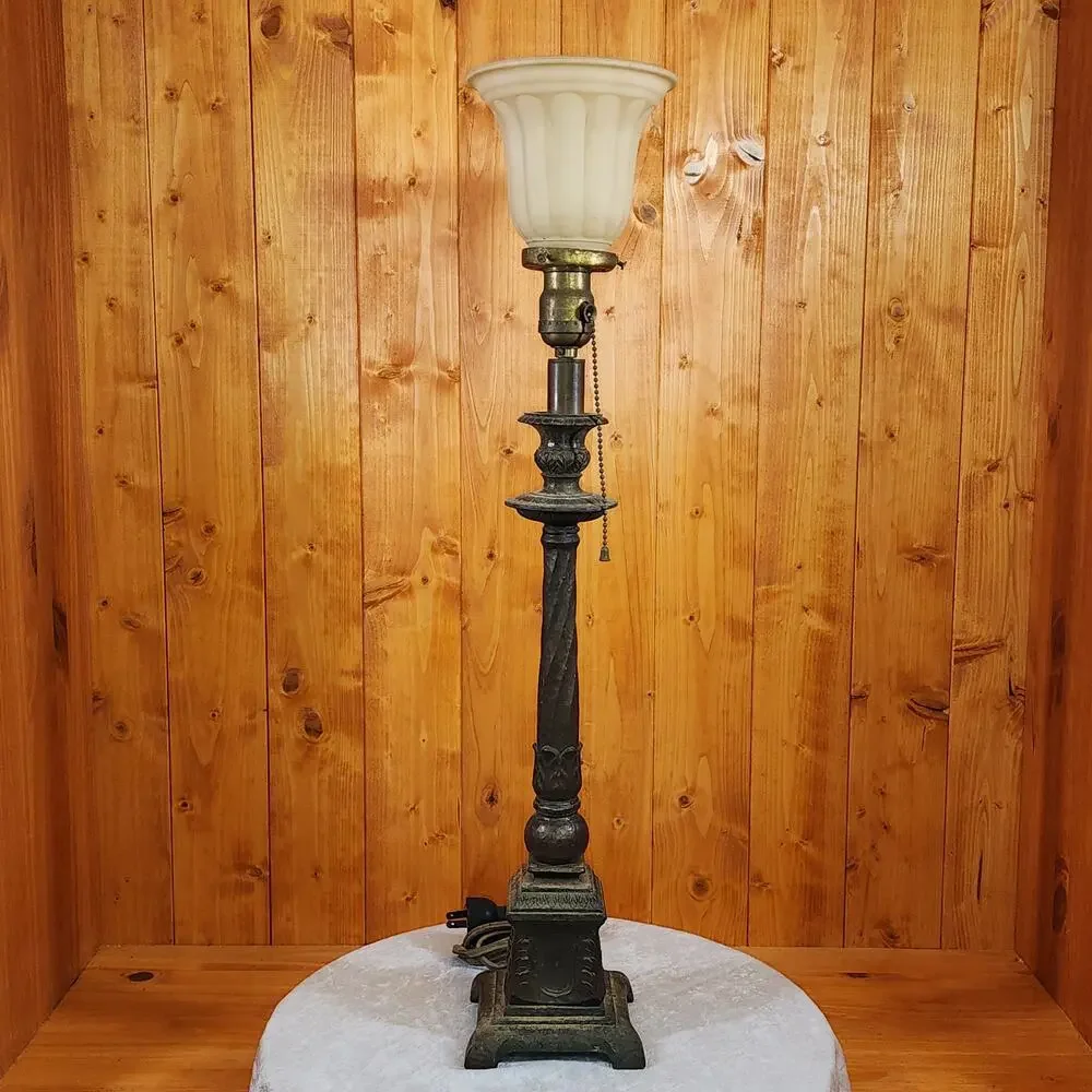 Antique Style Bronze Torchiere Lamp Hammered Column Frosted Tulip Shade